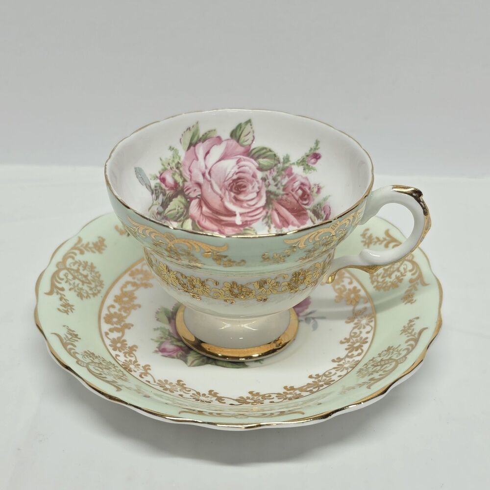 Vintage Derby / Queens Teacup & Saucer, Roses, English Bone China Mint & Gold